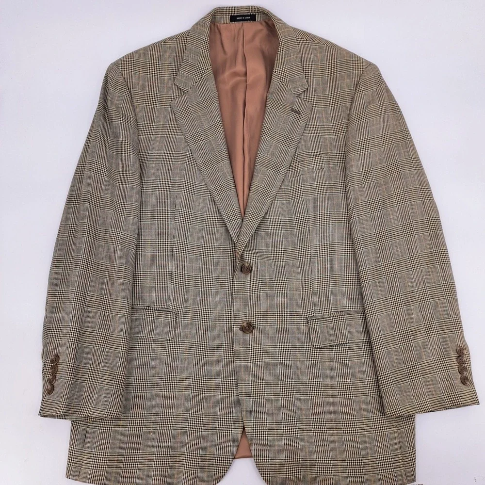Lauren Ralph Lauren Mens 44R Silk Wool Blend Glen Plaid Blazer Sport Coat Beige